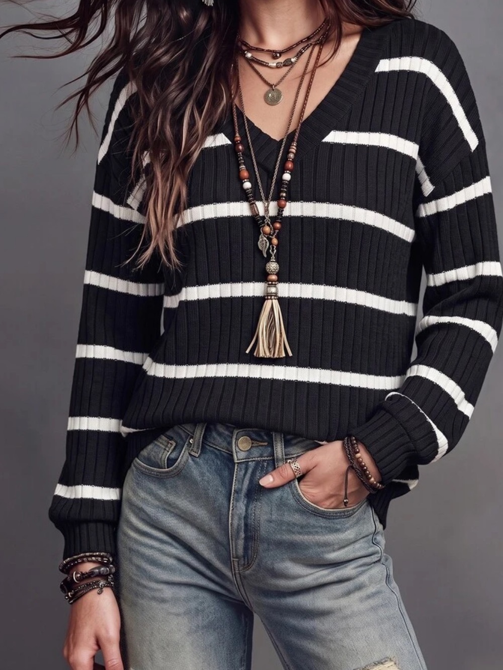 Black and White Stripes V-Neck Women's Long Sleeve Top